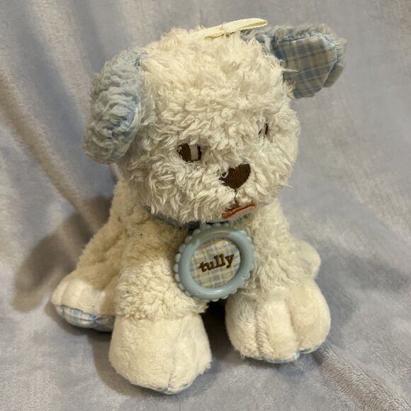 Amy Coe plush puppy rattle Tully by Learning curves lovey Dog Blue Baby Toy - Picture 1 of 7